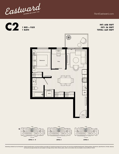 Floor plan for 1 bed, 1 bath, 608 sqft